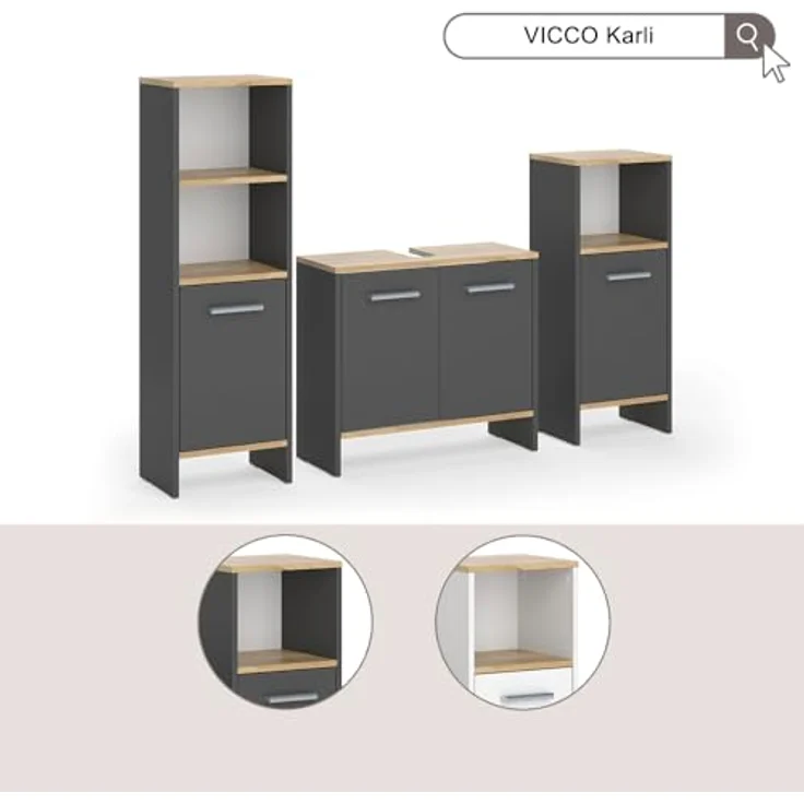 Vichy Badmöbelset Karli, 3-teilig, Anthrazit/Goldkraft Eiche, mit Waschbeckenunterschrank und Midischränken – Bild 7