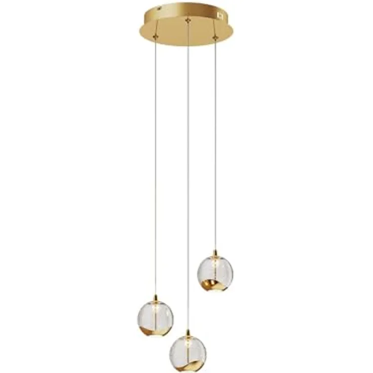 Lucande LED-Pendellampe Hayley, Ø 25 cm, 3-flg., gold, Blasenglas, für Esstisch