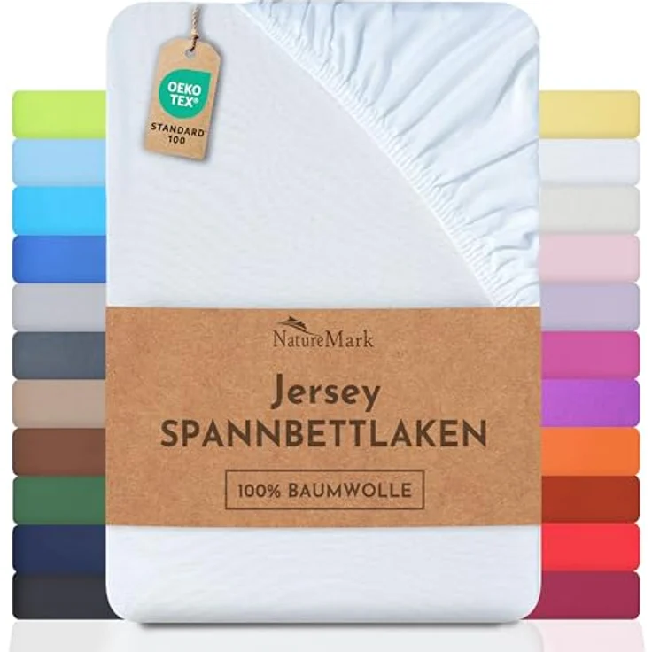NatureMark Jersey Spannbettlaken, Spannbetttuch 100% Baumwolle, ÖKOTEX Standard 100, elastischer Rundumgummi, 140 x 200 cm - 160 x 200 cm, weiß – Bild 1