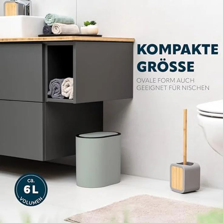 eluno ovaler Kosmetikeimer, 6 Liter mit gummierter Softtouch-Oberfläche, Schwingdeckel und Schutzpads, salbeifarben für Badezimmer und Gäste-WC – Bild 5