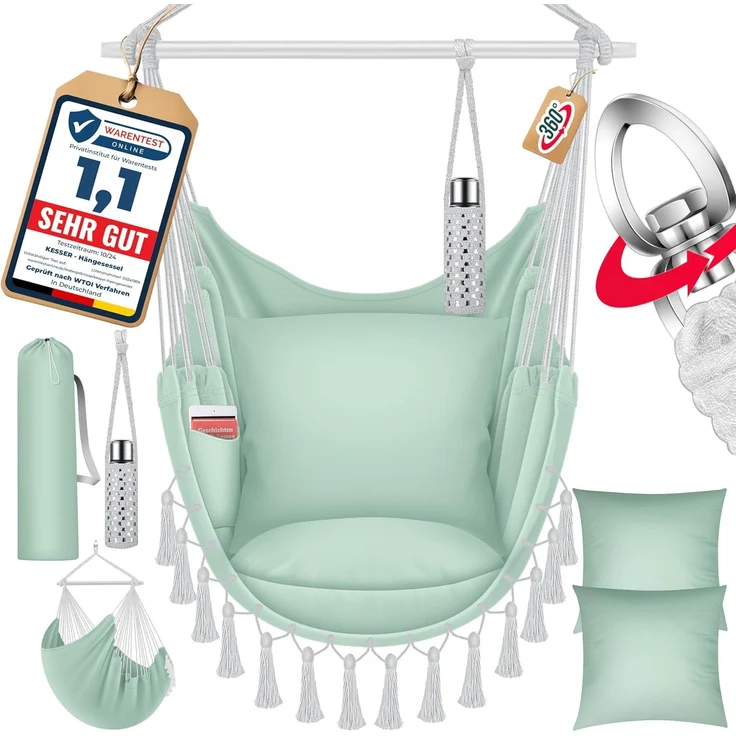 KESSER® Hängesessel mit 2 Kissen Getränkehalter & Bücherfach - Safari XXL Hängestuhl für Erwachsene & Kinder Hängematte bis 150 kg Hängesitz Aufhängung Indoor & Outdoor Wohn & Garten Terrasse Grün / Weiß – Bild 1