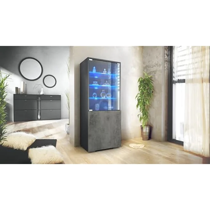 Vladon Standvitrine Granada (Vitrinenschrank, mit Glastür und Glaseinsatz inkl. LED) Anthrazit matt/Beton Dunkel Optik (50 x 122,5 x 34,5 cm) – Bild 3