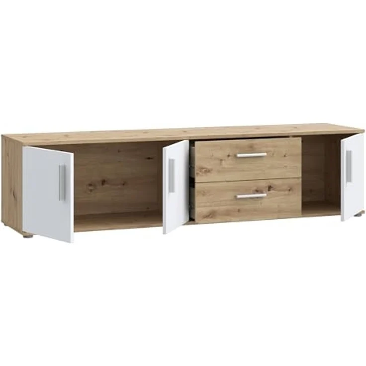 Forte IKOLI TV Schrank 180, modernes Lowboard mit 3 Türen und 2 Schubladen, Wohnzimmer, Holzwerkstoff, Weiß mit Artisan Eiche Holzdekor, 174,3 cm breit x 43,3 cm hoch x 41,3 cm tief – Bild 5