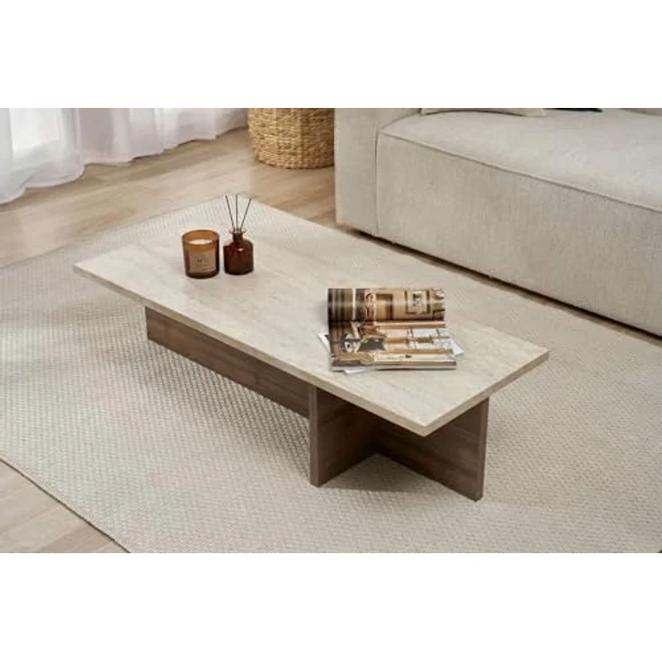Hanah Home Stilvoller Couchtisch, 120 cm breit, 30 cm hoch, 45 cm tief | 100% melaminbeschichtet, 25 mm stark | Oberfläche in Travertin und Mailänder Nussbaum, langlebig und elegant – Bild 5
