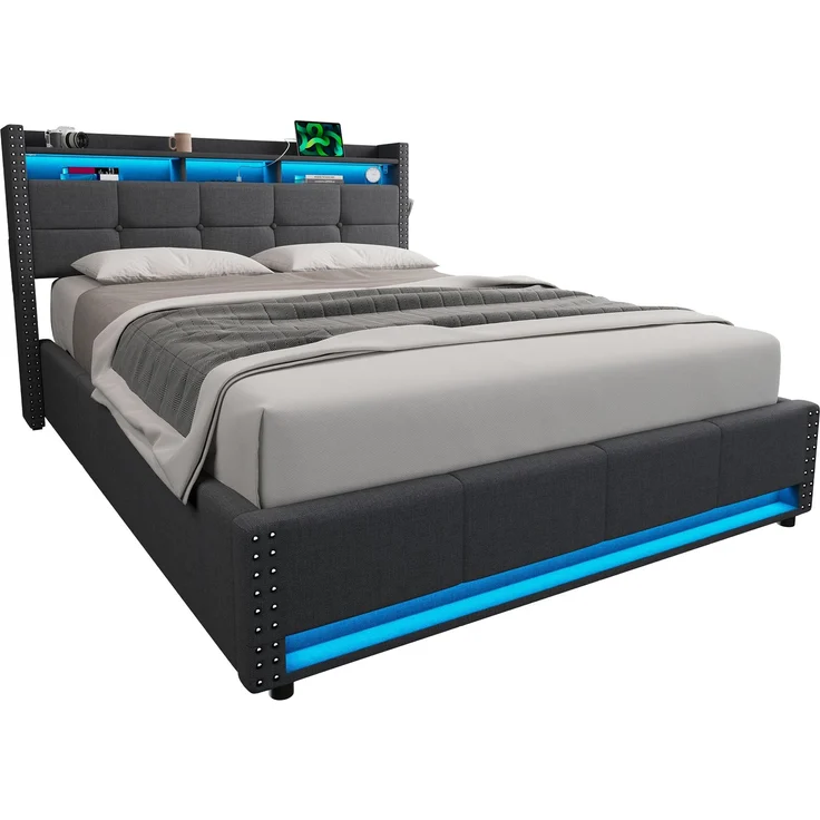 Polsterbett 140x200 cm mit LED-Beleuchtung, USB-Anschlüssen und hydraulischem Stauraum – ohne Matratze – Bild 10