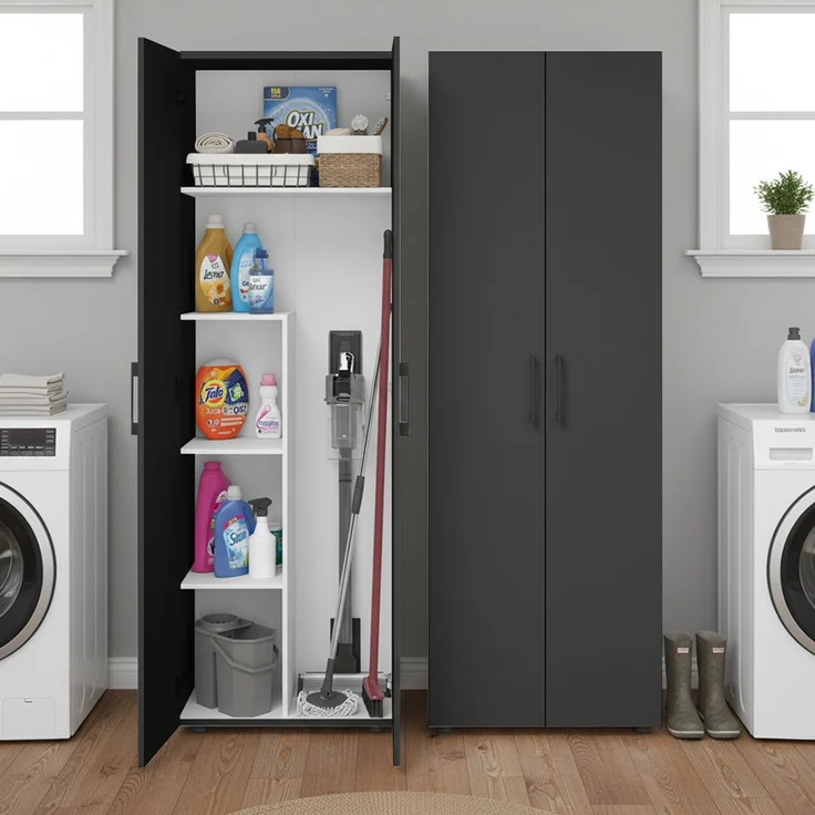 Bellamio 'Apol' Mehrzweckschrank, schwarz, 176x33x60 cm, Besenschrank mit Staubsaugerfach und 4 weiteren Fächern – Bild 2