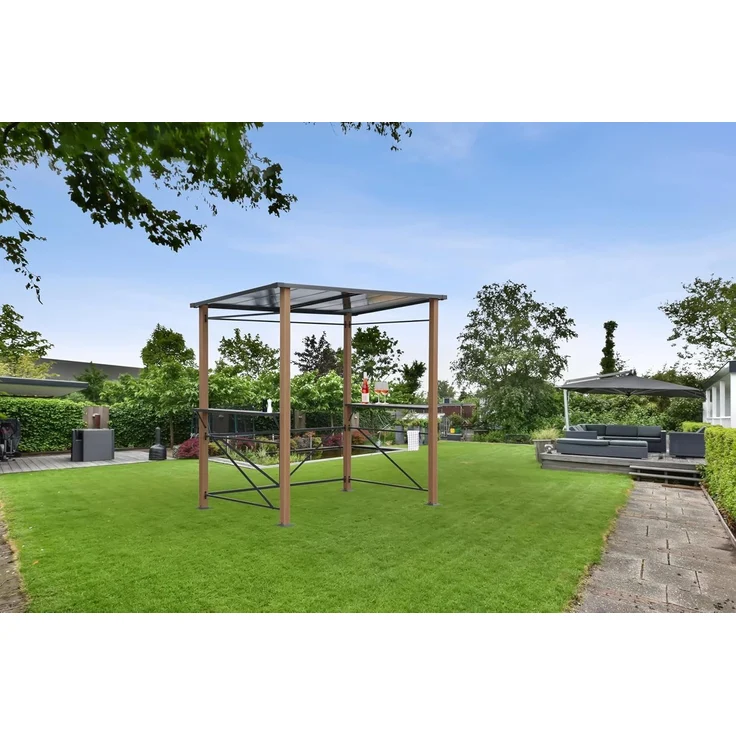 LECO Luxus-Grillpavillon, Aluminiumgestell anthrazit mit Holzoptik, Polycarbonat-Dach grau-transparent, 2,35x1,50m – Bild 9