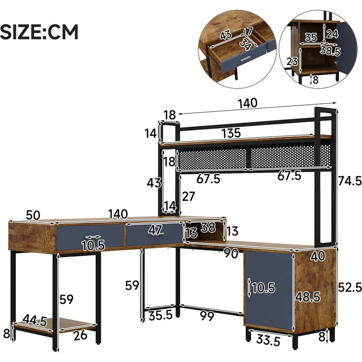 L-förmiger Schreibtisch 140x140x135 cm mit Stauraum, MDF und Metall – Bild 5