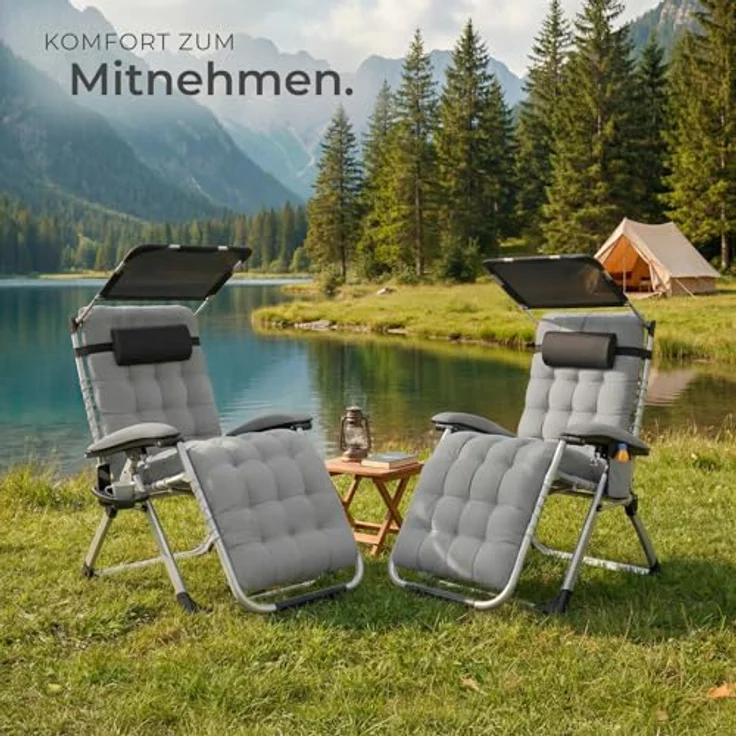 tectake® Sonnenliege klappbar, Liegestuhl, Gartenliege mit Sonnendach, Outdoor Sessel für Balkon oder Garten, Liege mit extra Dicker Auflage, Relaxliege belastbar bis 200kg - hellgrau, 2er Set – Bild 9