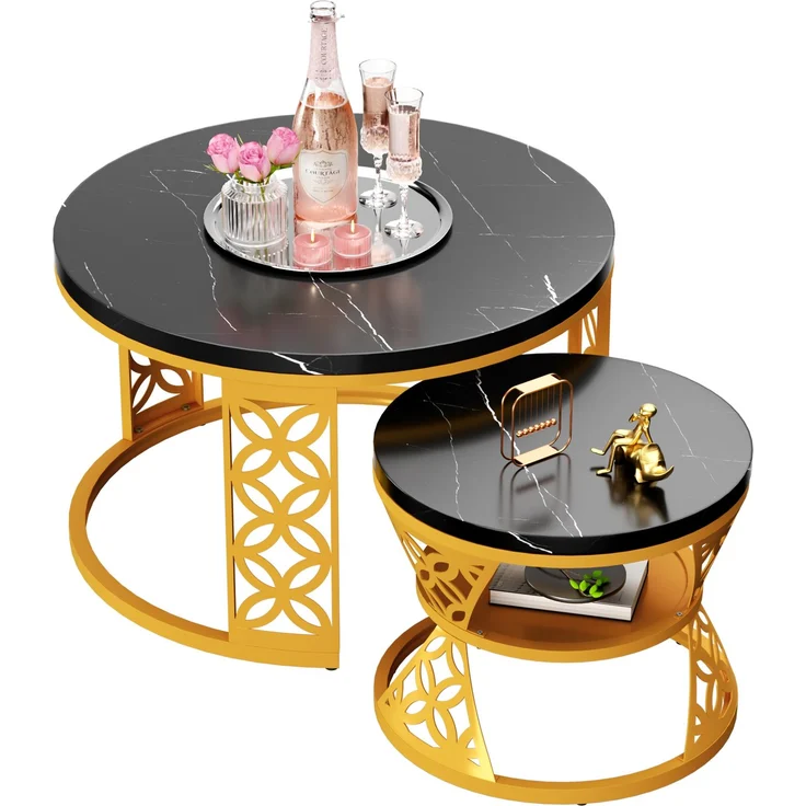 2er-Set Couchtisch nestbar 70x70x45 + 45x45x37 cm, Marmor-Furnier, Metallrahmen, Kontrastdesign – Bild 9