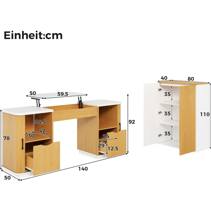 Modernes Büromöbel-Set & Schreibtisch-Set mit Aktenschrank – 140cm Computertisch mit Klappfach, Unterschränken & Rillendesign, Holzoptik & Weiß, Großer Arbeitsplatz für Home Office & Büro--Weißeiche--103.99x46.99x11.51cm--YOUDENOVA – Bild 6