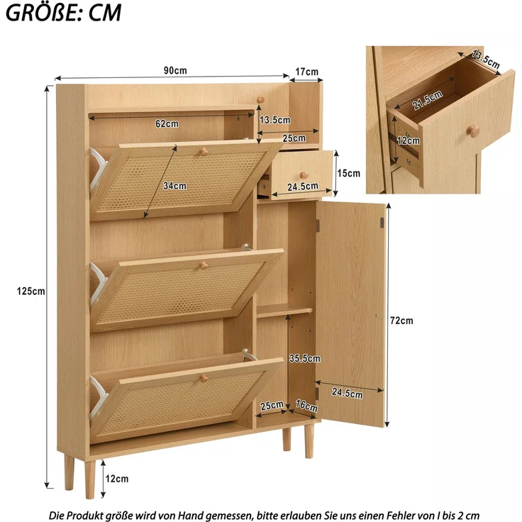 Merax Schmal Schuhschrank mit 3 Klappen, Rattan Schuhschrank Schuhkipper mit Schublade und Tür, Schuhkommode mit Verstellbarer Ablage, Naturbelassen – Bild 4