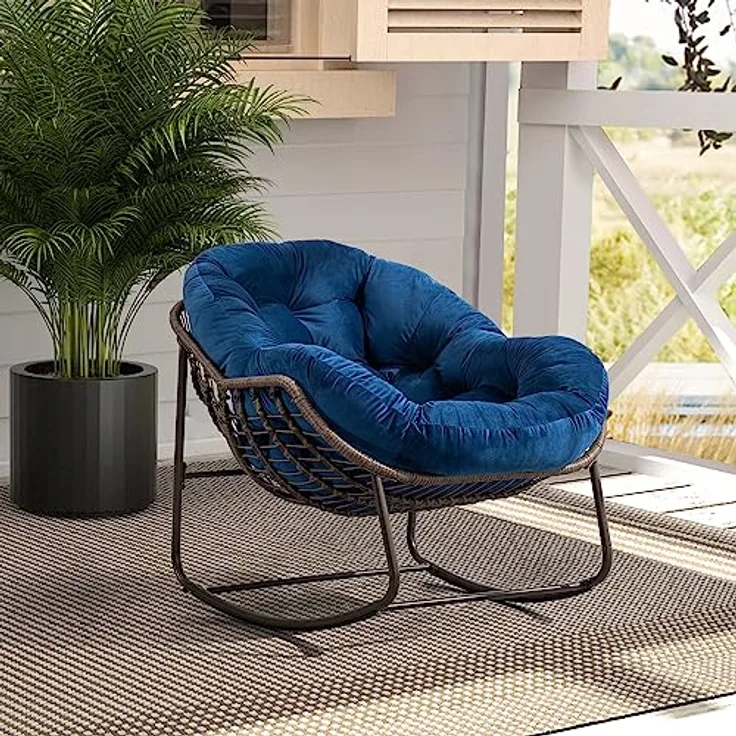 Ball & Cast Schaukelstuhl Outdoor, Rocking Chair mit Gepolstertem Kissen, Relaxsessel Schwingsessel für Garten, Balkon & Terrasse, Marineblau