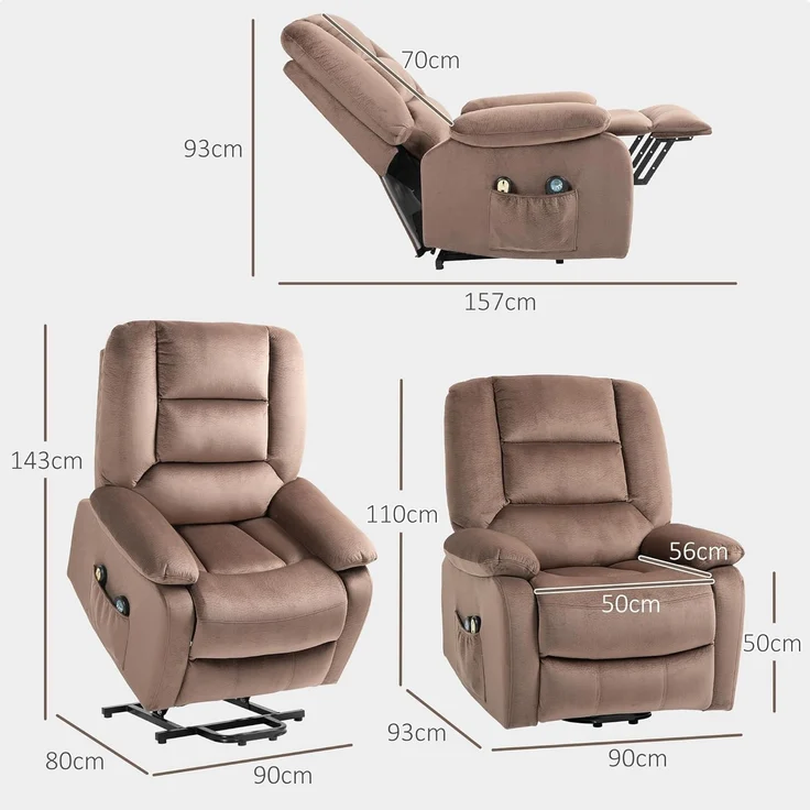 HOMCOM Massagesessel Fernsehsessel mit Aufstehhilfe Elektrisch, mit Liege-/ Wärmefunktion (TV Sessel, 1-St, Relaxsessel), für Wohnzimmer, Schlafzimmer, Braun – Bild 3