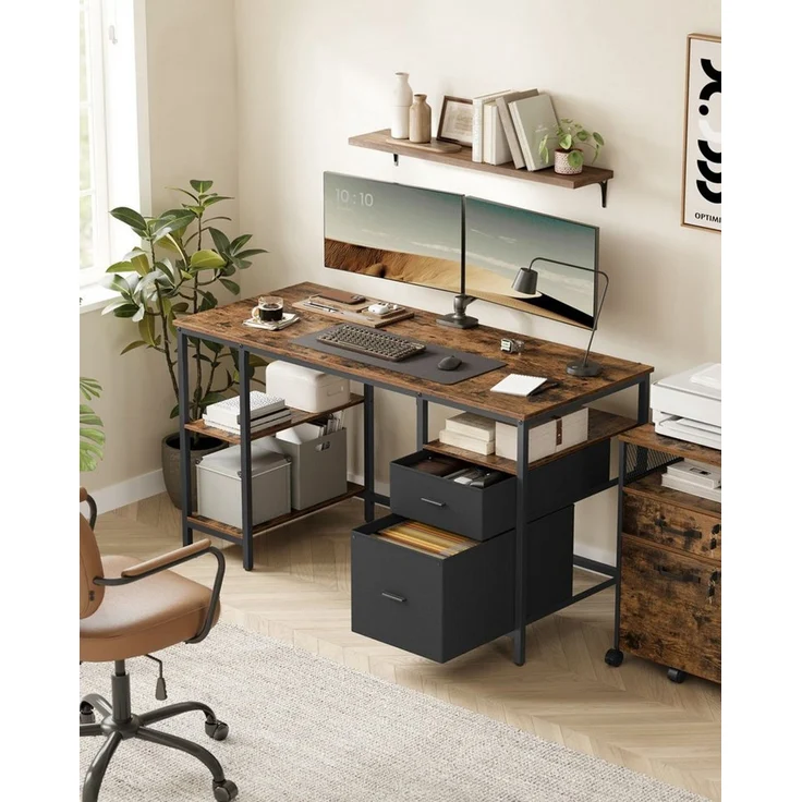 VASAGLE Computertisch, Bürotisch, Schreibtisch, mit 3 Ablagen, 2 Schubladen, 60 x 140 x 76 cm, fürs Büro, Wohnzimmer, Industrie-Stil, vintagebraun-schwarz – Bild 5
