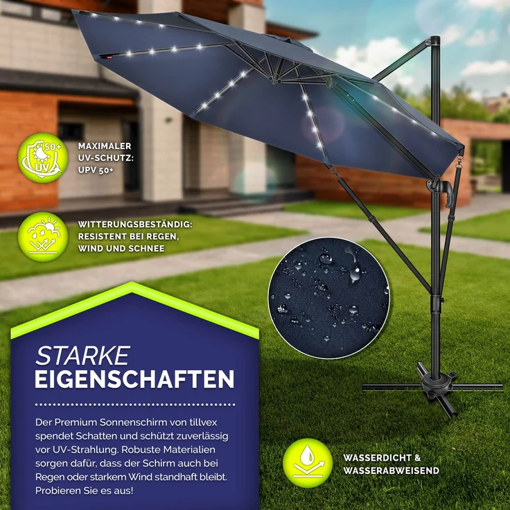 tillvex® Premium Alu Sonnenschirm 330 cm Navy-Blau + Abdeckung & Windsicherung | Ampelschirm 6-Fach Verstellbar mit Kurbel | Gartenschirm 360° Drehbar Neigbar Kippbar | Kurbelschirm UV50+ Groß wasserdicht – Bild 2