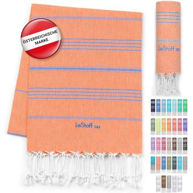LeStoff Hamamtuch, 100% Bio-Baumwolle, 95 x 180 cm, schnelltrocknend und saugstark, leicht und kompakt, ideal für Sport und Reisen (Orange - Blau) – Bild 1