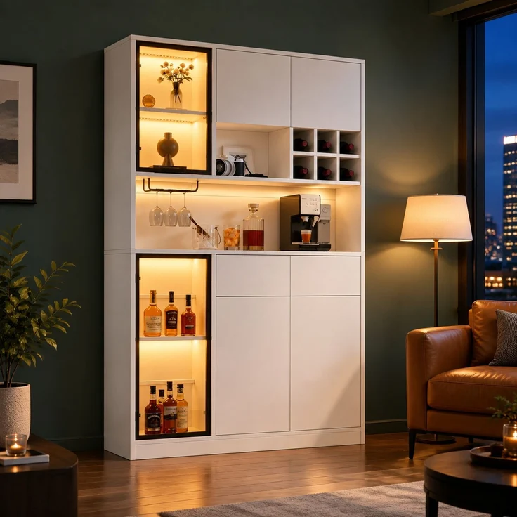Hochschrank 120 x 33 x 200 cm in Weiß mit LED-Beleuchtung, Glastüren und Schubladen – Bild 3