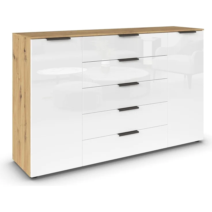 Rauch Möbel Flipp, Kombikommode, Kommode mit Stauraum für Wohnzimmer, Schlafzimmer, Flur, 4 Fachböden, Eiche Artisan/Glasfront Weiß, 2-türig, Glastüren, 5 Schubkästen, Griffe graphit, 160 x 100 x 42 cm – Bild 1