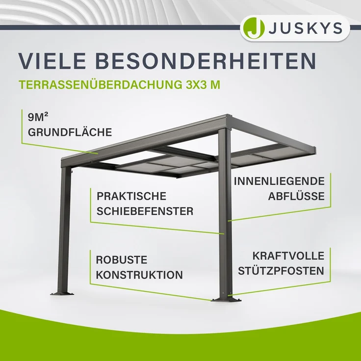 Juskys Terrassenüberdachung 3x3 m mit Schiebedach - Terrassendach aus Aluminium mit Doppelstegplatten - wetterfeste Überdachung mit UV-Schutz - Grau – Bild 3