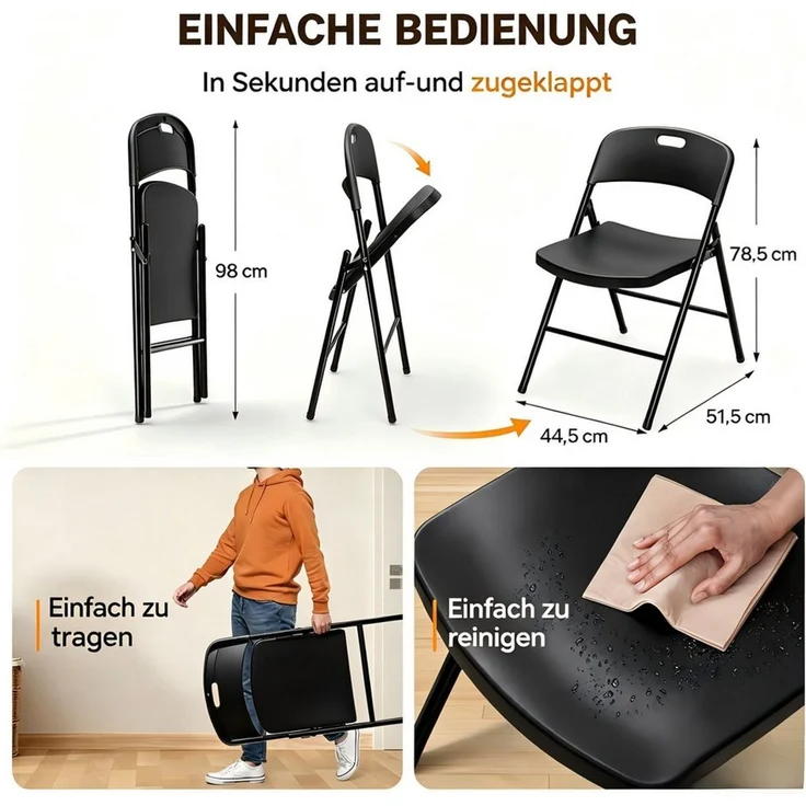 VINGLI Klappstuhl 2er/4er/6er Set aus Kunststoff & Metallrahmen, Spritzguss, bis 158 kg (2 St), Tragbare Gartenstühle für Partys, Camping, Schule & Büro, Weiß/Schwarz – Bild 2