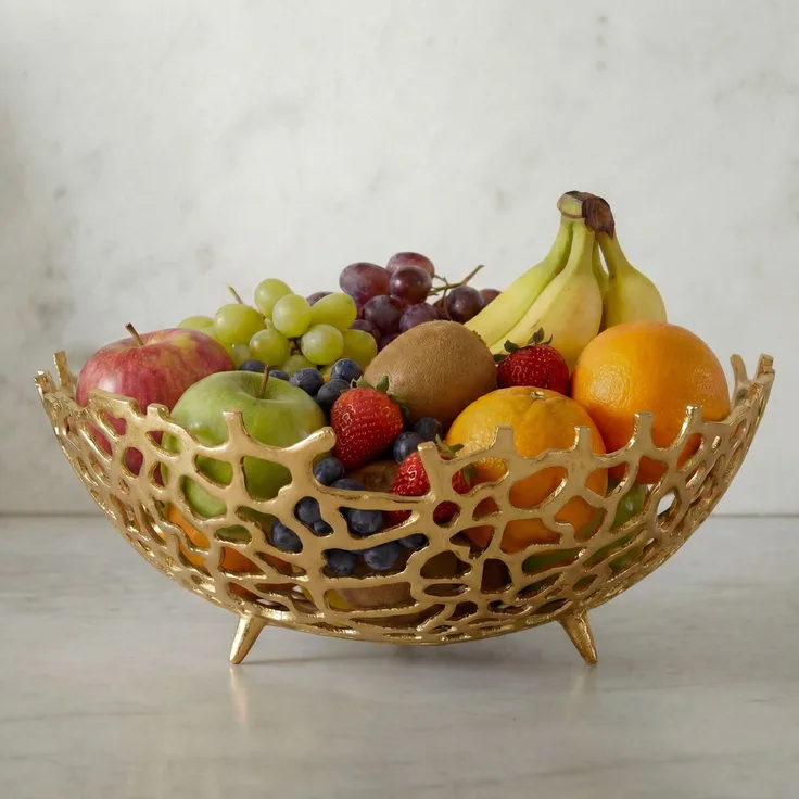 FINEBUY Obstschale FB77651 Früchtekorb Aluminium Gold 46cm Dekoschale Obstkorb Metall, Aluminium, (Schöne Früchteschale in schicker Korallenoptik), Drei kleine Standbeine für sicheren Halt