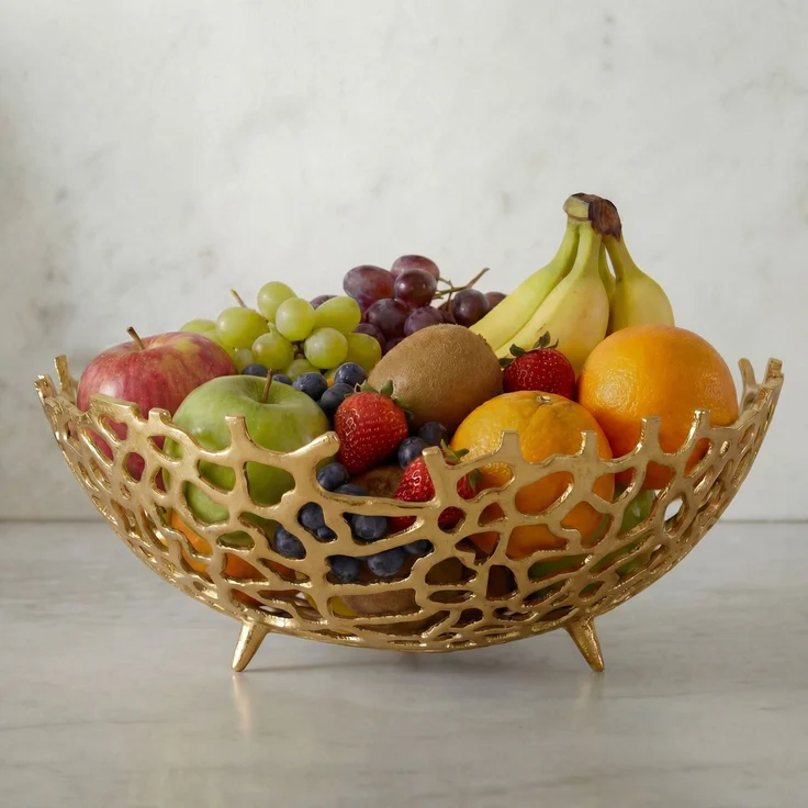 FINEBUY Obstschale FB77651 Früchtekorb Aluminium Gold 46cm Dekoschale Obstkorb Metall, Aluminium, (Schöne Früchteschale in schicker Korallenoptik), Drei kleine Standbeine für sicheren Halt – Bild 1