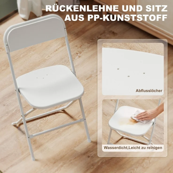 MELAYR, 6er-Set Klappstühle, faltbare Stühle mit Ablauflöchern, Stahlrahmen, 49 x 45 x 79.5 cm, Weiß – Bild 5