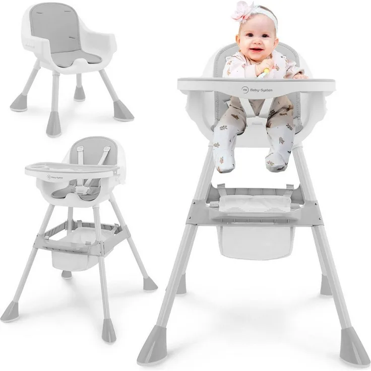 Moby-System Verstellbarer Hochstuhl Magnolia 2in1 mit Tablett und Kunstleder-Einlage – Grau, Ab 6 Monaten