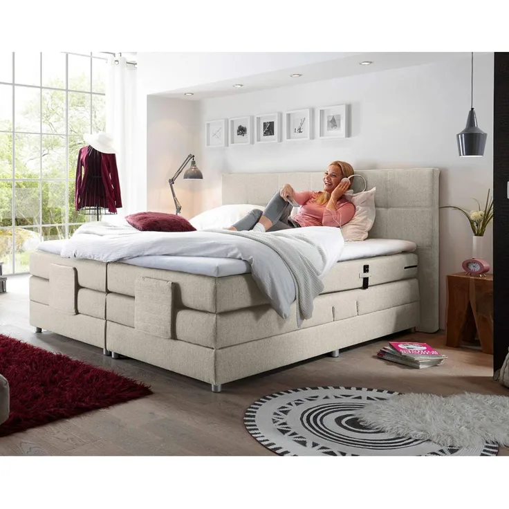 Boxspringbett 180x200 cm Manaus-09 in der modernen Farbe Ivory Creme, elektrisch verstellbar