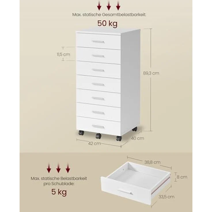 VASAGLE Rollcontainer, mobiler Aktenschrank, Schubladenschrank, Druckerständer mit 7 Schubladen, mit schraubenlosen Gleitschienen, für Büro, Homeoffice, wolkenweiß OFC085WB02 – Bild 4