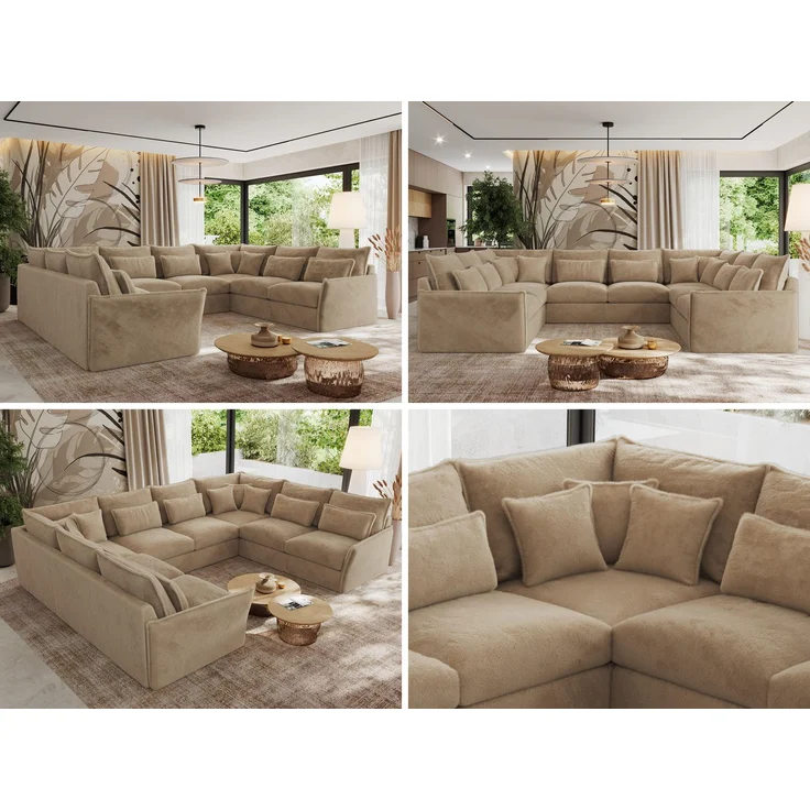 Modulares U-förmiges Wohnzimmer-Ecksofa, XXL Ecksofa mit Armlehnen, Wohnlandschaft, Universal-Ecksofa mit lockeren Kissen - VERSO U 8M - Beige Plüschstoff – Bild 2
