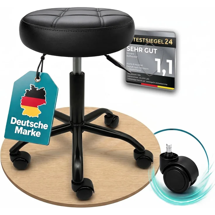 Movaro Rollhocker mit Metall-Basis und leisen Softrollen [Neues Modell] - höhenverstellbar, 360° drehbar, kratzfrei und stabil - ergonomischer Hocker mit Rollen | Arbeitshocker | Bürohocker 44x44x50-63 cm [Schwarz] – Bild 1