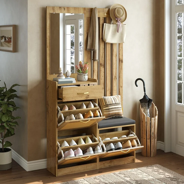 Faumrta Kompaktgarderobe mit Spiegel und Sitzbank,Flurgarderobe mit Schuhschrank und Haken, Kleiderhaken,Flurmöbel Set,Flurgarderobe. 99.5CM*26CM*180CMNaturalMDF (Medium-Density-Faserplatte) – Bild 5