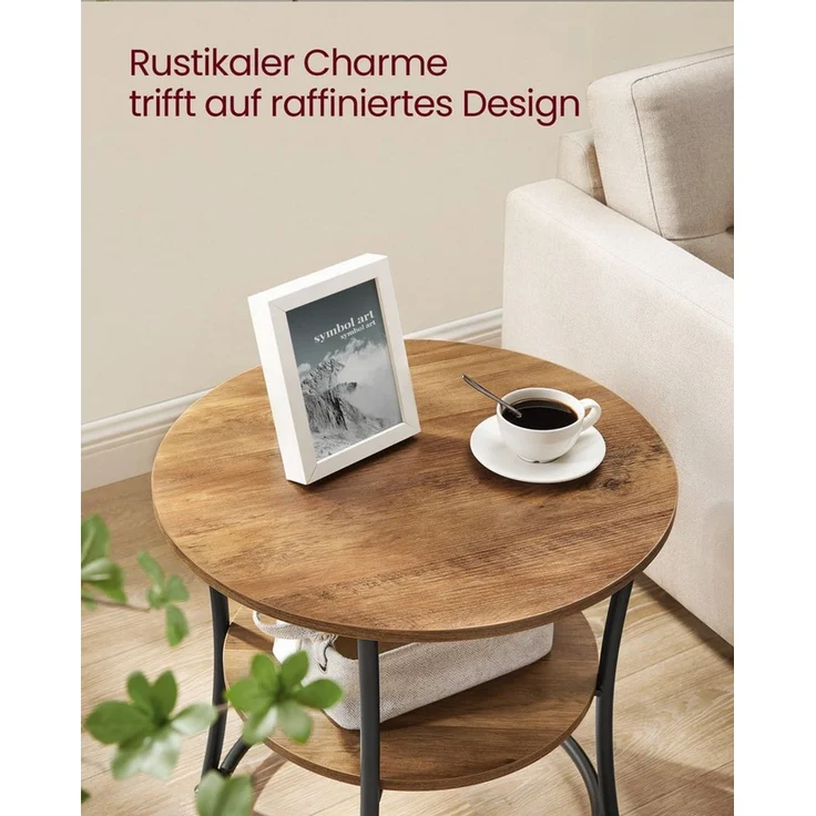 VASAGLE Beistelltisch, Couchtisch rund, Sofatisch, 2 Ablagen, Wohnzimmer, Schlafzimmer, einfacher Aufbau, Stahlrahmen, Industrie-Design, walnussbraun-tintenschwarz – Bild 2