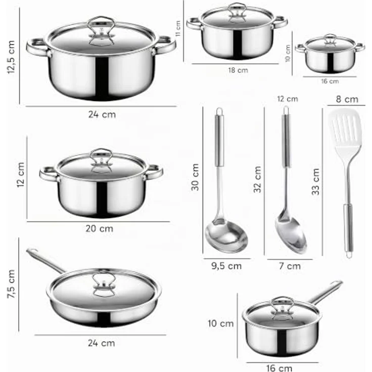 Retoo Topf-Set OR205, 15-teiliges Kochgeschirr-Set aus Edelstahl mit 4 Töpfen, 1 Pfanne, 6 Glasdeckeln und Küchenhelfern, Silber, für alle Herdarten – Bild 9