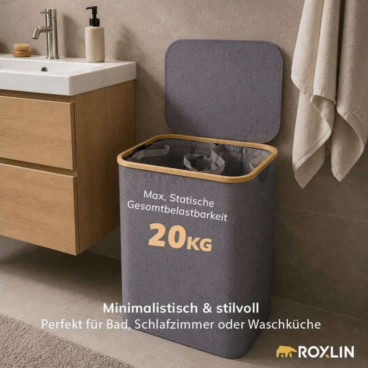 Roxlin Wäschekorb Wäschekorb 150L faltbar mit Deckel, wasserdicht, 2 Taschen – Bild 3