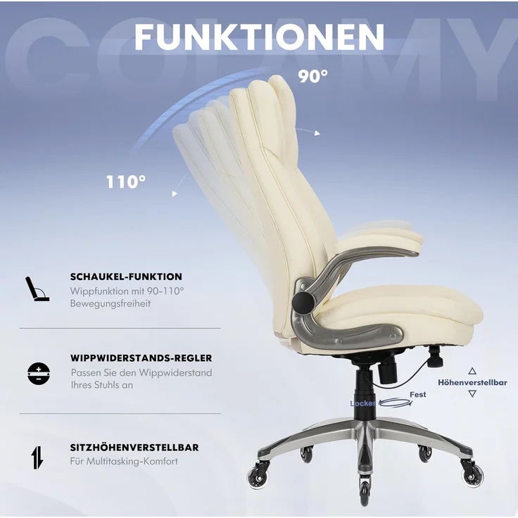 COLAMY Hochlehner Chefsessel aus Leder, Ergonomischer Bürostuhl mit Flip-up-Armlehnen & höhenverstellbar - Office Chair mit leisen Rollen für Homeoffice und Büro, Elfenbein – Bild 5