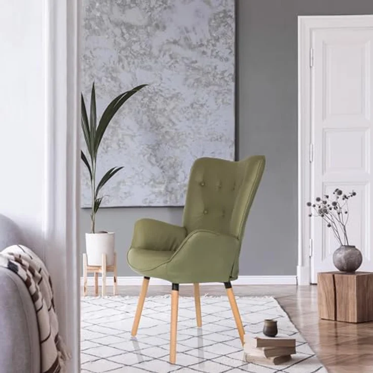 hjh LIVING Ohrensessel in Velour-Optik HAVENIO I Sessel für Wohnzimmer Schlafzimmer, Polsterstuhl mit Holzbeinen, Stoff Olivgrün – Bild 3