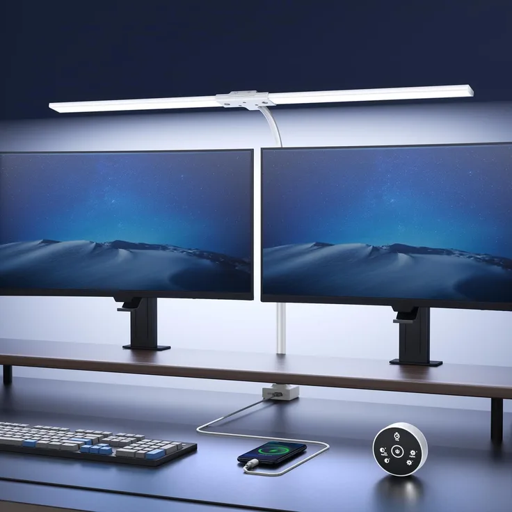 YICAIZI Schreibtischlampe LED Dimmbar - 1500LM 24W Klemmbar Büroschreibtischlampe mit Fernbedienung, 80CM Schwanenhals Schreibtisch Lampe USB-Ladeanschluss, für Büro & Zuhause, Weiß