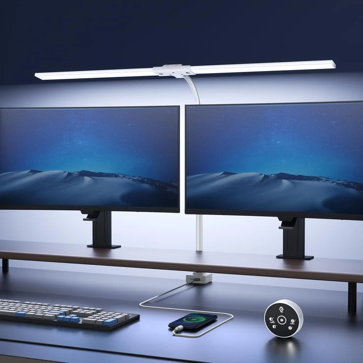 YICAIZI Schreibtischlampe LED Dimmbar - 1500LM 24W Klemmbar Büroschreibtischlampe mit Fernbedienung, 80CM Schwanenhals Schreibtisch Lampe USB-Ladeanschluss, für Büro & Zuhause, Weiß