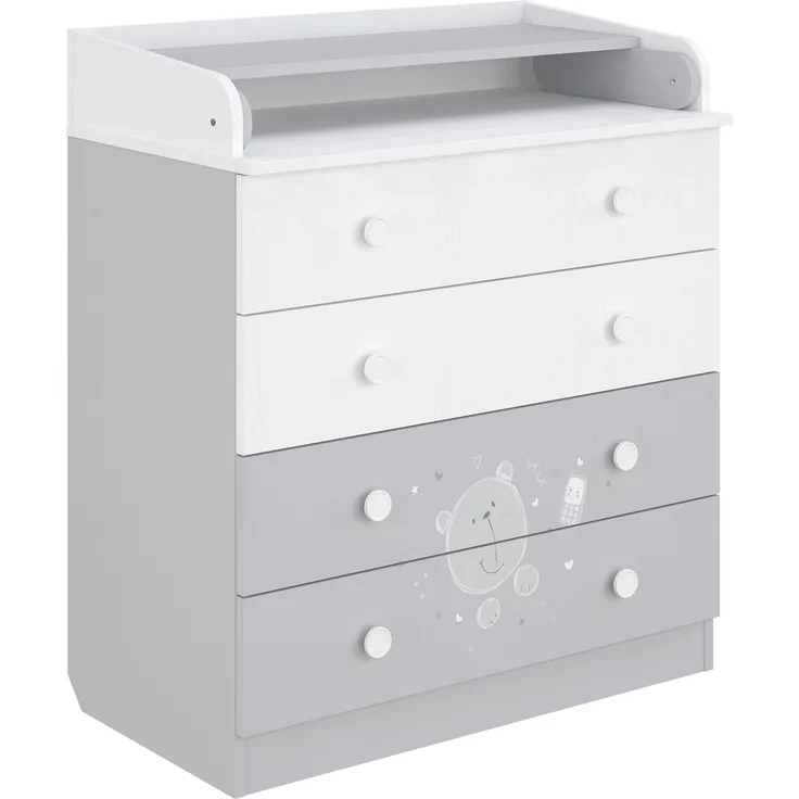 Shefa Kids Wickelkommode 800 Teddy - Weiß-Grau, 4 Schubladen, 80 cm Breite