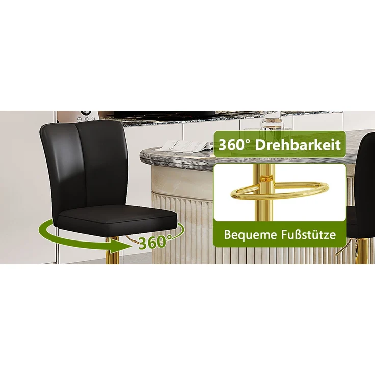 Höhenverstellbarer Barhocker im 2er-Set, 360° drehbar. Luxuriöser Barhocker im Schwarz-Gold-Design aus wasserabweisendem PU-Leder, geeignet für Kücheninseln. Verschiedene Farben erhältlich.--Schwarz + Gold--37x44x44.5cm--YOUDENOVA – Bild 2