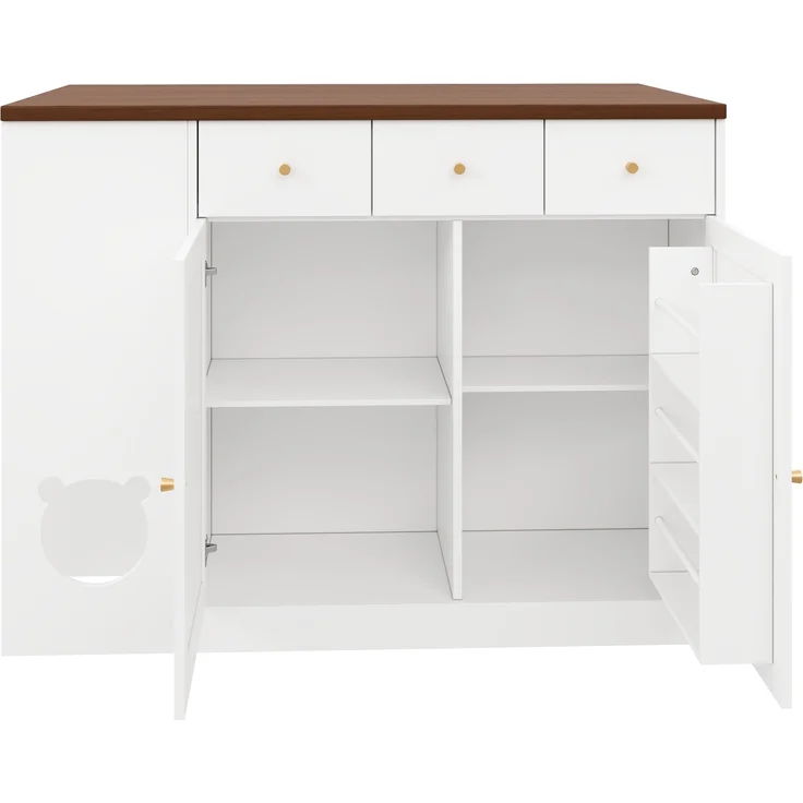 Merax Kücheninsel, Küchenwagen & Sideboard mit Schubladen – mit ausziehbarer Arbeitsplatte, Würzregal, Haustierfressbereich (ohne Katzensteller), Weiß + Nussbaumfarbe – Bild 9
