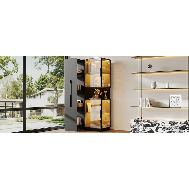 ZUBALIYA Vitrinenschrank 70×38×160 cm mit Ausziehregal – Doppelglas-Standvitrine LED, Glasvitrine & Aufbewahrung, multifunktionaler Hochschrank für Wohnzimmer, Esszimmer, Küche – Bild 18