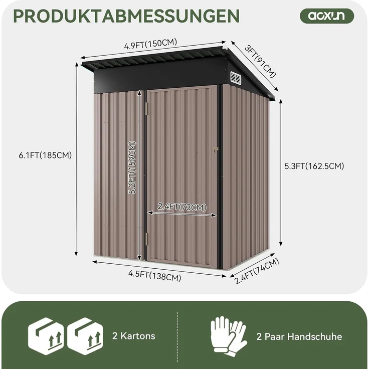 Aoxun Metall Gerätehaus mit Boden & 2 verstellbaren Einlegeböden, 150x91 x 185 cm, Outdoor-Schuppen, mit Lüftungsschlitz und Schiebetür, Werkzeugaufbewahrung, Fahrradschuppen, für Terrasse, Rasen, Braun – Bild 2