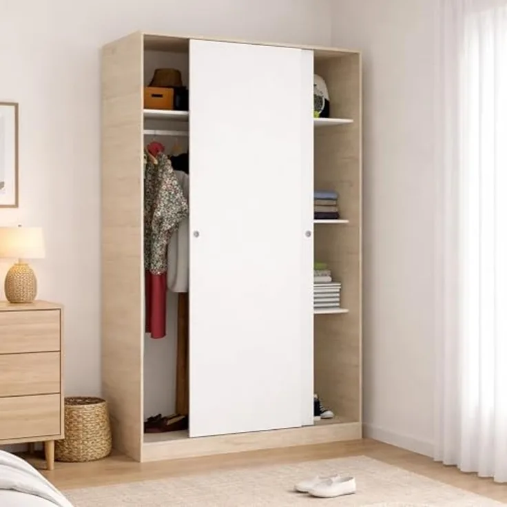 Dmora - Kleiderschrank 2 Türen Denali, Kleiderbügel für Schlafzimmer, Schiebetürenschrank, 120x50h204 cm, Weiß und Eiche