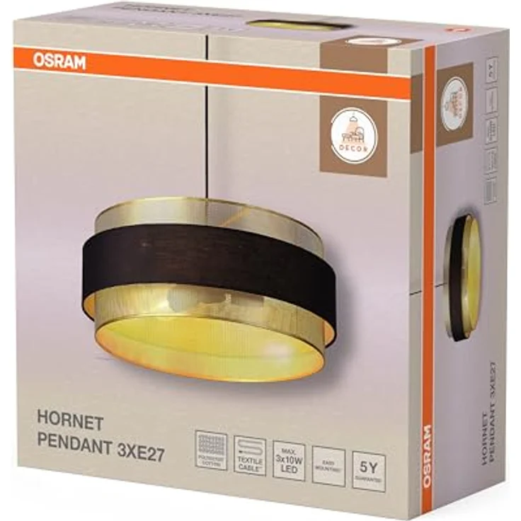 OSRAM Hängelampe Decor Hornet, zylinderförmiger Schirm aus goldfarbenem Metall, schwarz/gold, E27 – Bild 2