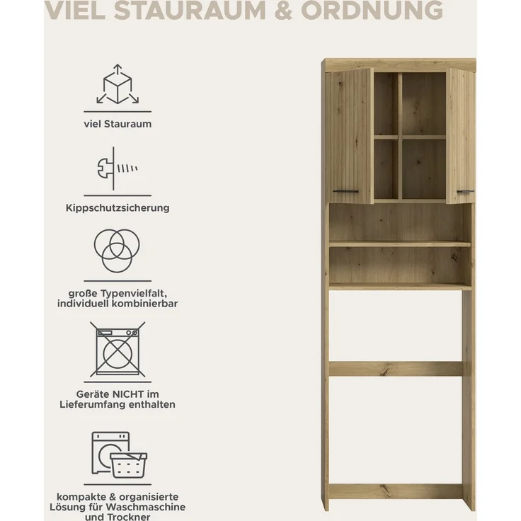 Waschmaschinenumbauschrank >Scout< in Artisan Eiche Dekor - 63x191x24cm (BxHxT) – Bild 9