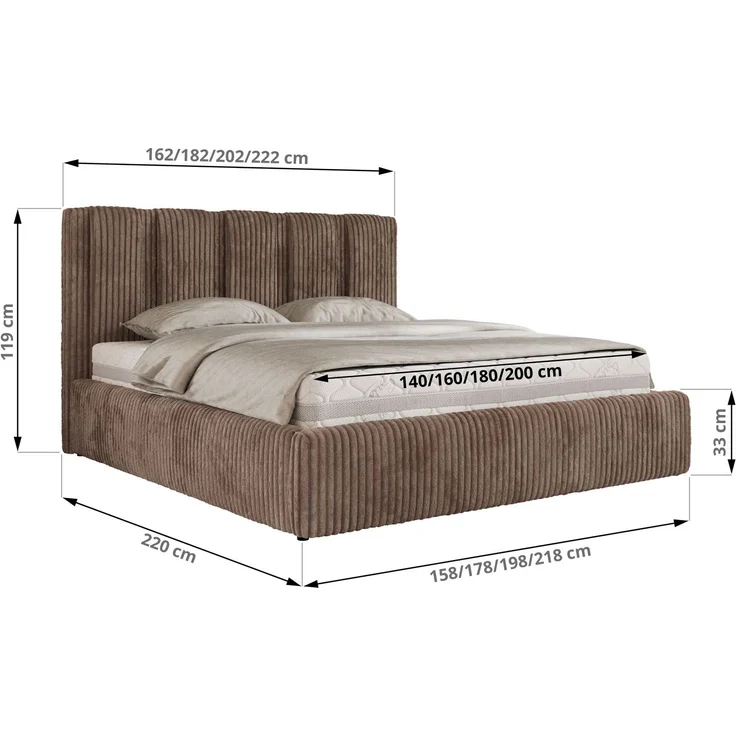 Polsterbett SAVINO CLASSIC mit Bettkasten und Lattenrost Doppelbett 180 x 200 cm mit hohem Kopfteil Stauraumbett Bett mit Gasdruckfeder - Braun Cord - Foam Matratze - MIRO LUX – Bild 6
